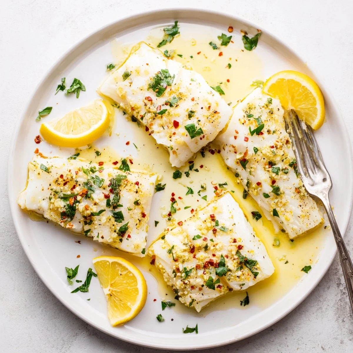 Golden baked lemon garlic cod fillets drizzled with bright buttery sauce and fresh parsley garnish
