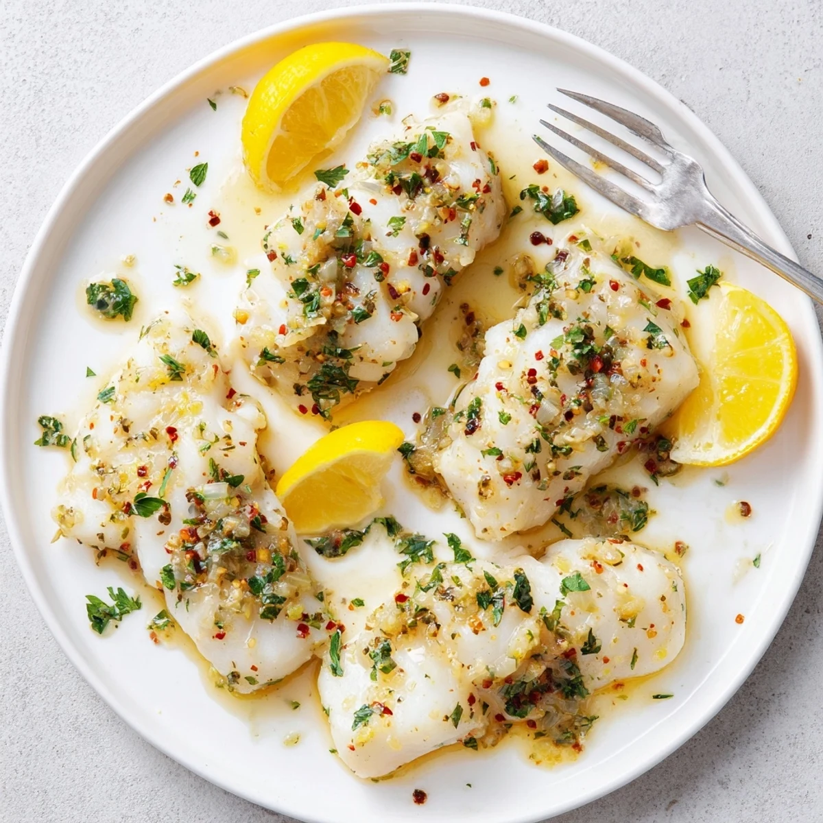 Healthy Mediterranean style lemon garlic baked cod served with lemon wedges and green parsley sprinkles