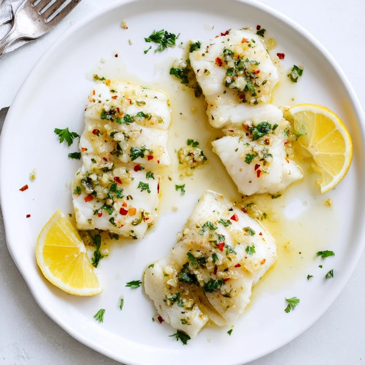 Tender flaky white cod baked with zesty lemon garlic butter sauce on a ceramic baking dish