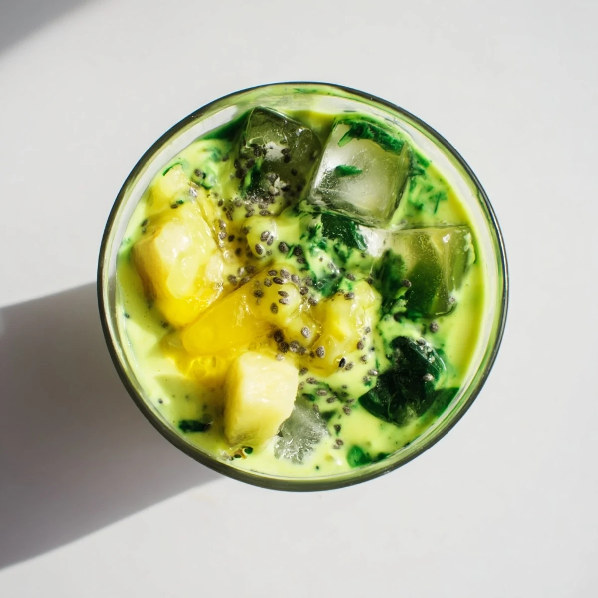 Tall glass of refreshing Greek yogurt green smoothie topped with banana slices and chia seeds