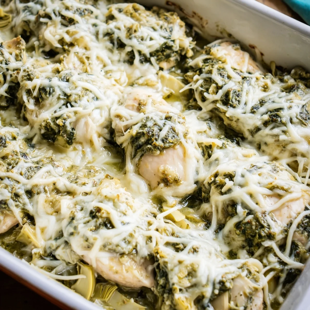 Golden bubbling pesto spinach artichoke chicken bake with melted mozzarella cheese topping