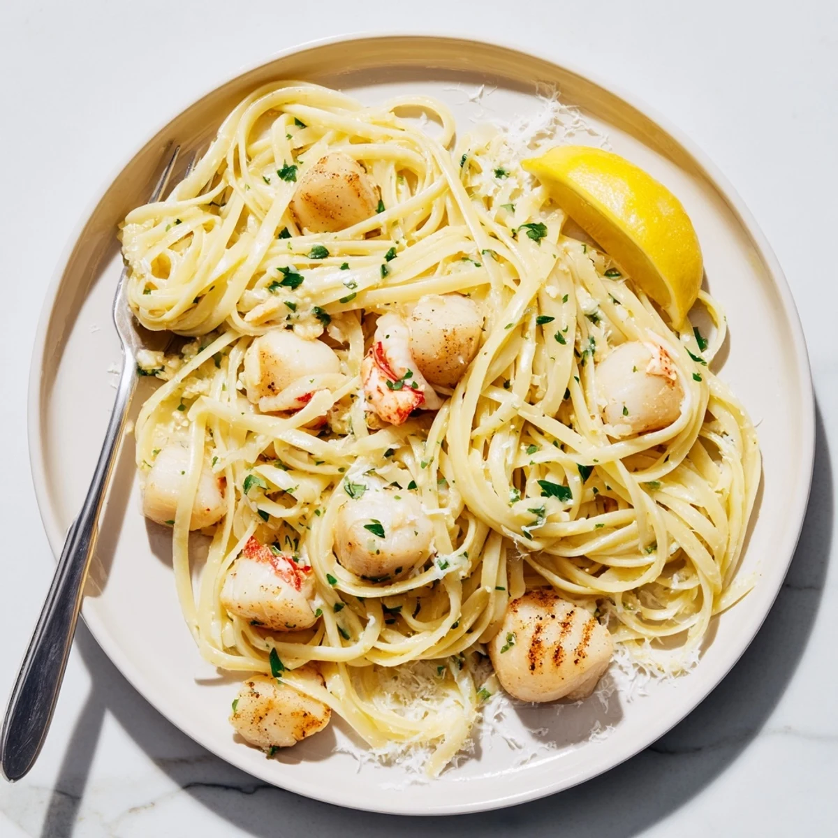 Golden seared scallops and lobster pieces tossed with linguine in a rich garlic butter sauce with fresh parsley