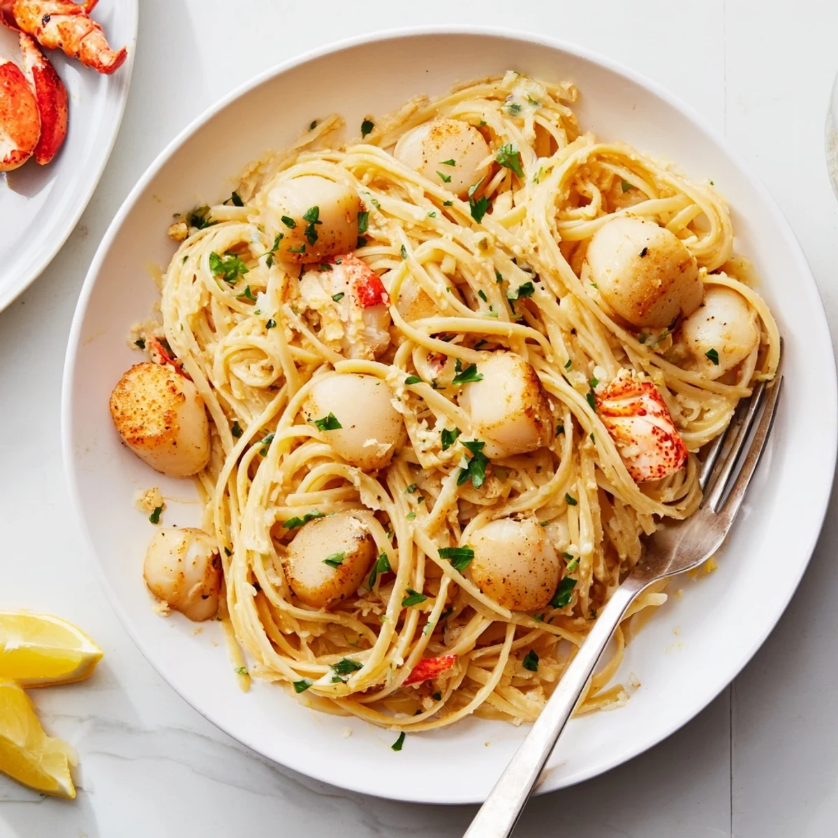 Lobster and scallop garlic butter linguine plated with lemon wedges and herbs on a white dinner plate