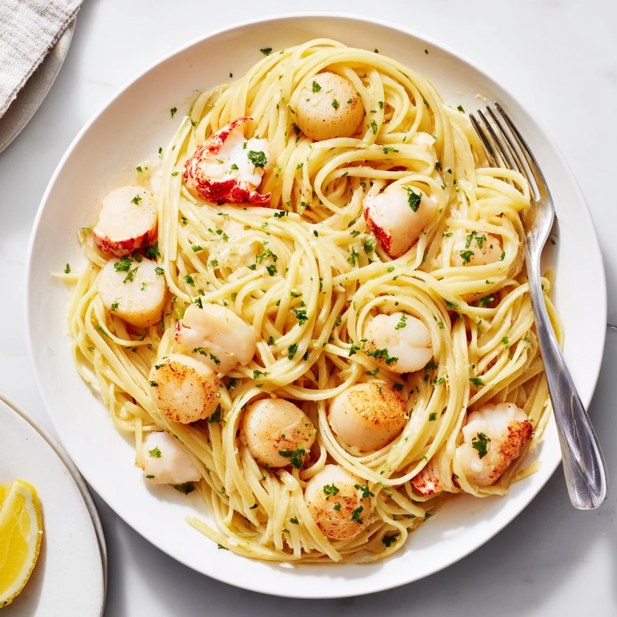 Creamy garlic butter linguine topped with tender seafood and garnished with chopped parsley and fresh lemon