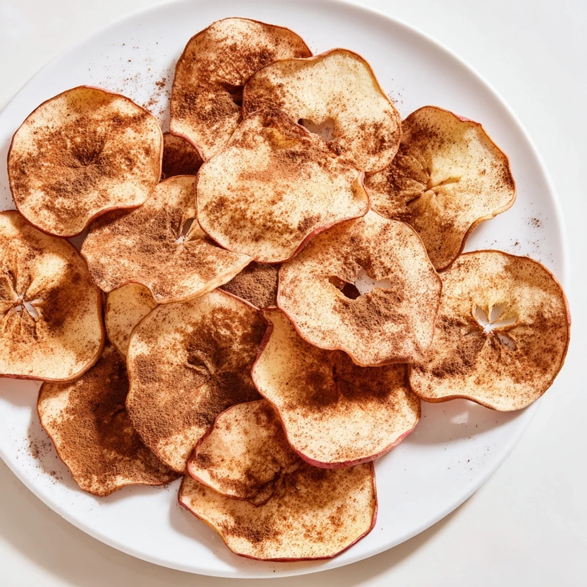 Golden brown crispy air fryer apple chips sprinkled with warm cinnamon on a white plate
