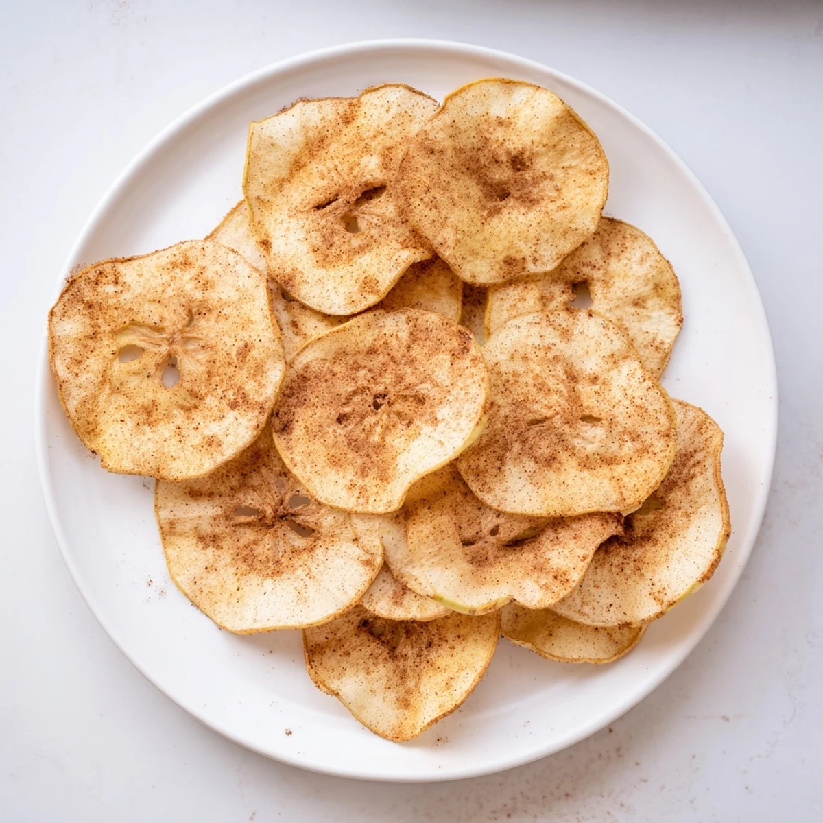 Thinly sliced apple chips air fried until crunchy with a dusting of aromatic cinnamon spice