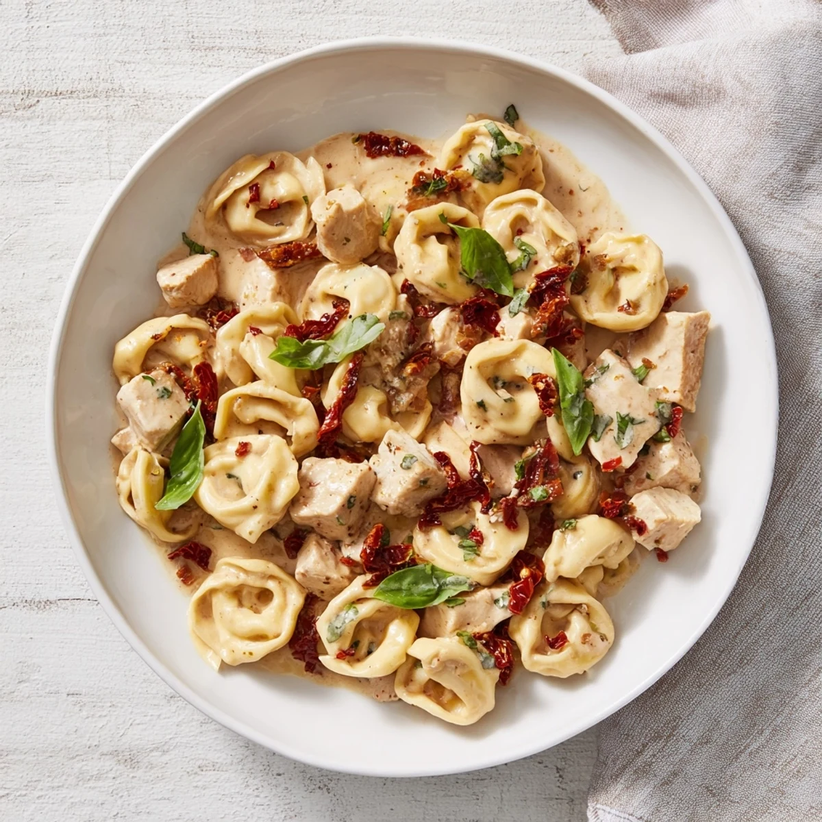 One-pot Marry Me Chicken Tortellini Skillet featuring tender pasta pieces coated in velvety garlic cream sauce with fresh basil garnish