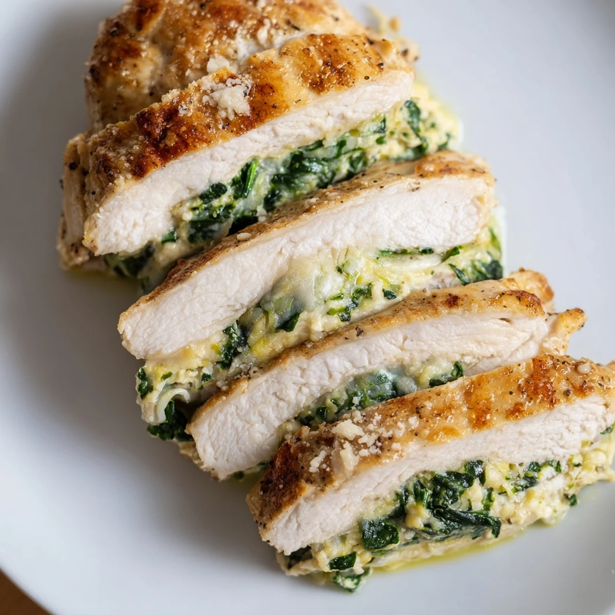 Golden baked spinach ricotta chicken breasts topped with melted mozzarella cheese on a white plate