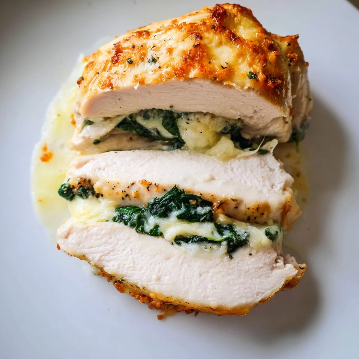 Whole stuffed chicken breast sliced open to reveal green spinach ricotta filling with crispy cheese topping