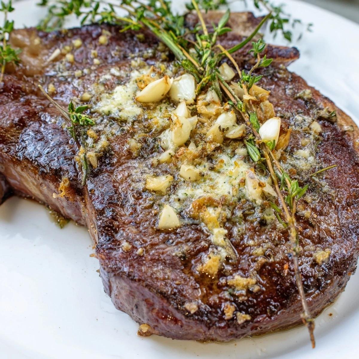 Golden garlic butter cast iron ribeye steak with a caramelized seared crust and aromatic herbs resting on a wooden cutting board