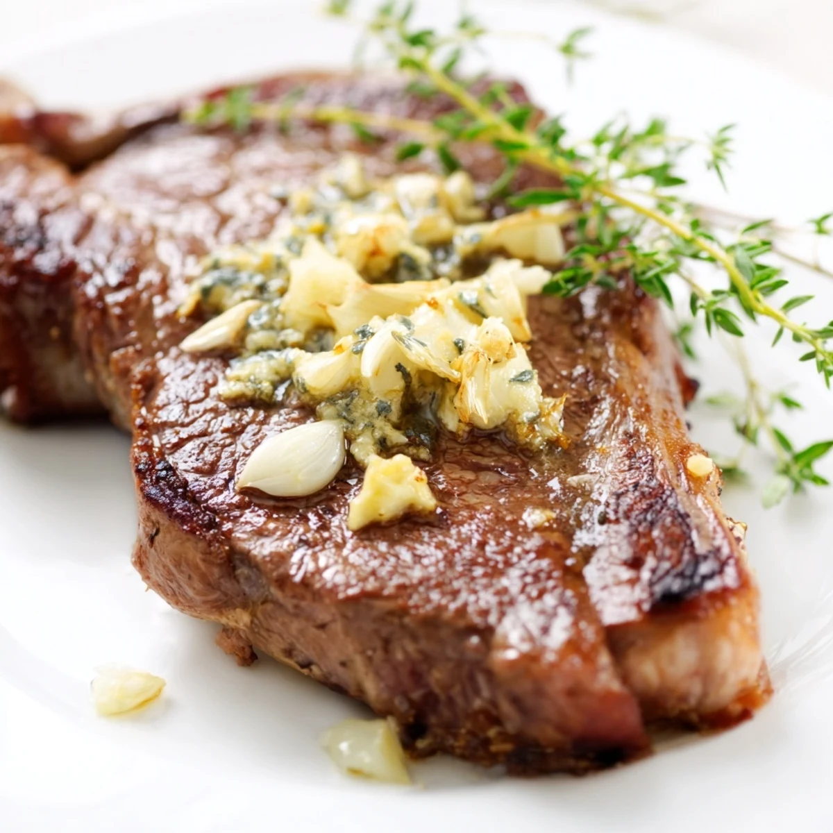 Perfectly seared garlic butter cast iron ribeye steak plated with melted butter pooling over the juicy medium-rare meat