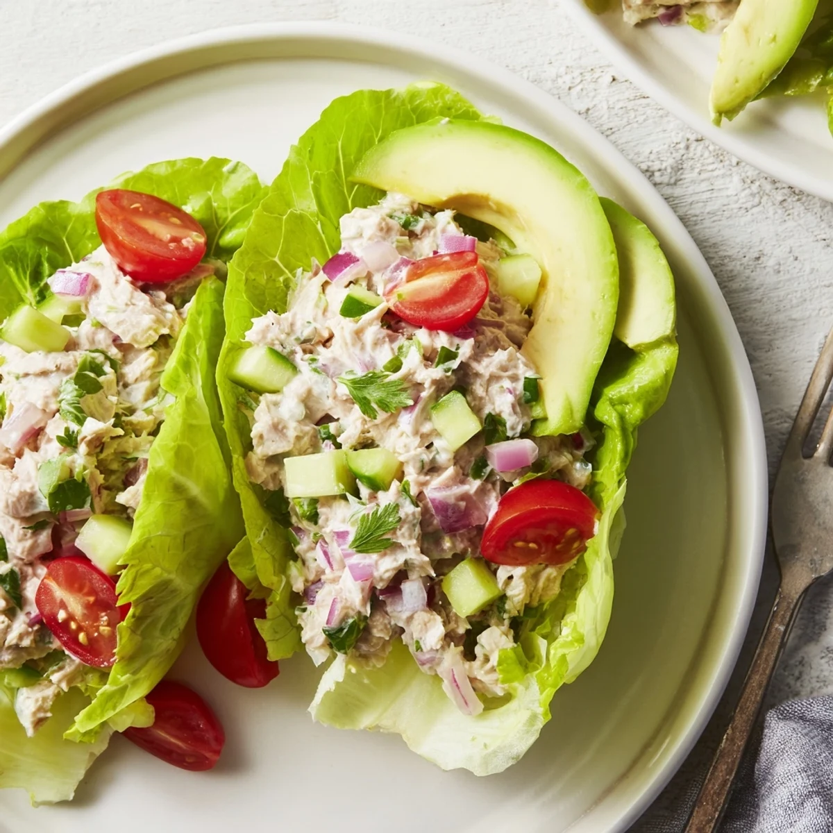 Crisp lettuce cups filled with creamy zesty tuna salad and fresh colorful vegetables