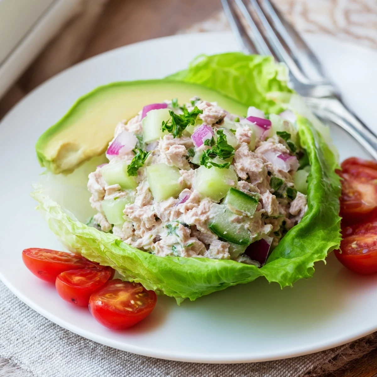Protein-rich tuna mixture spooned into crunchy romaine leaves for a refreshing gluten-free lunch