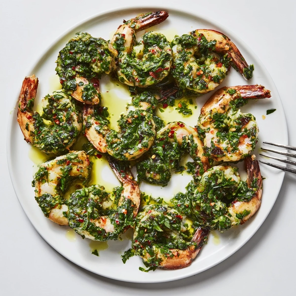 Golden pan seared chimichurri shrimp coated in vibrant green herb sauce on white plate