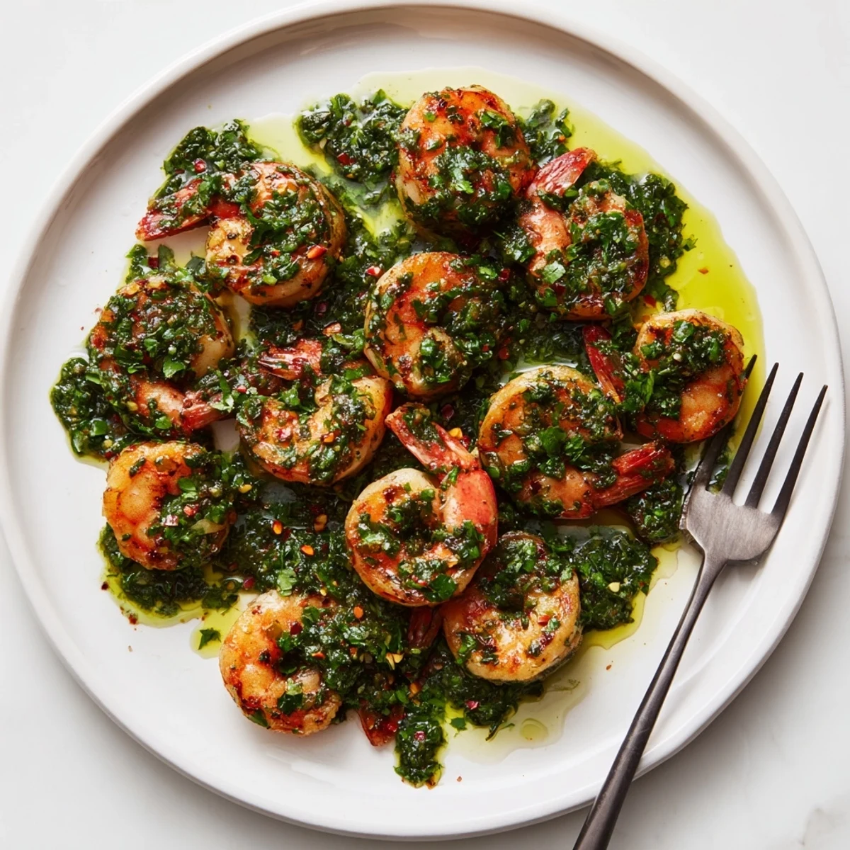 Sizzling skillet of juicy chimichurri shrimp drizzled with fresh parsley cilantro sauce