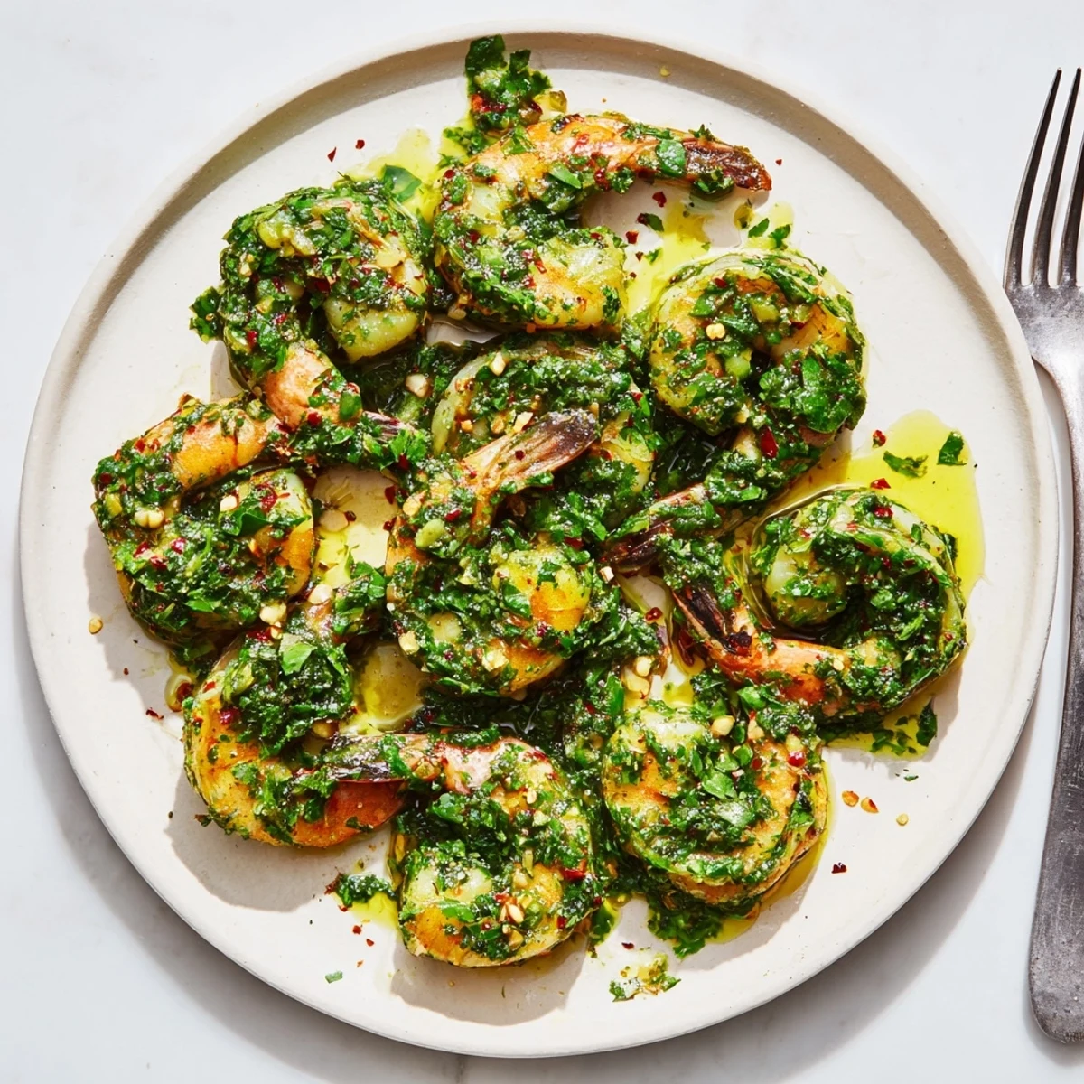 Perfectly seared chimichurri shrimp tossed in zesty homemade sauce ready for serving