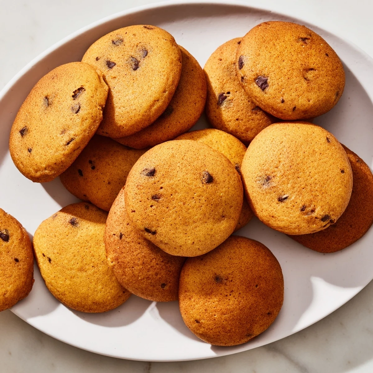 Golden brown soft pumpkin cookies with a tender, cake-like texture on a white plate.