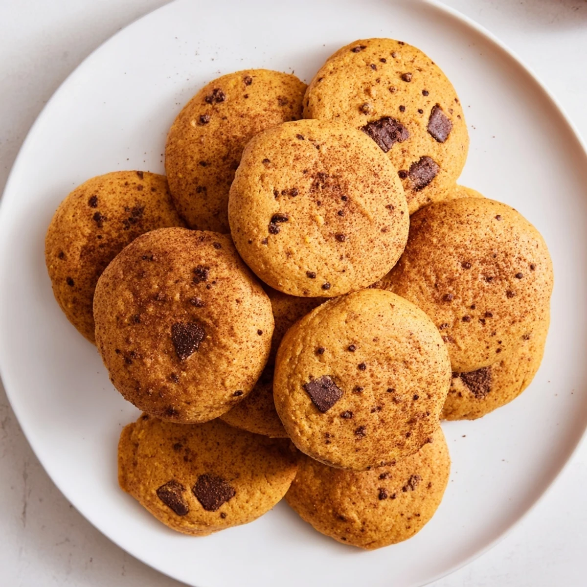 Stack of fluffy pumpkin spiced cookies dusted with cinnamon and chocolate chip chunks.