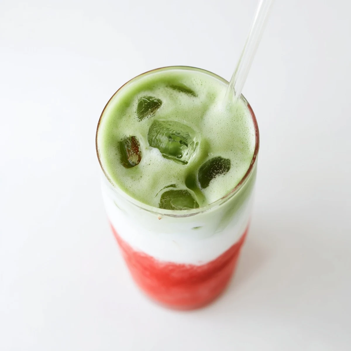 Vibrant pink strawberry puree layered with earthy green matcha and creamy milk in a clear glass