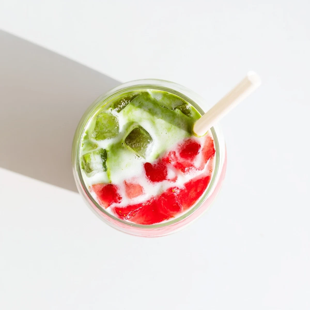 Refreshing strawberry matcha latte with three colorful layers of sweet fruit, green tea, and cold milk