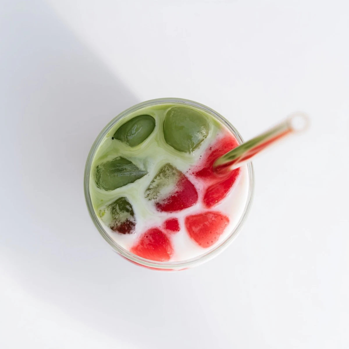 Beautifully layered iced strawberry matcha latte showing pink strawberry, white milk, and green tea gradients