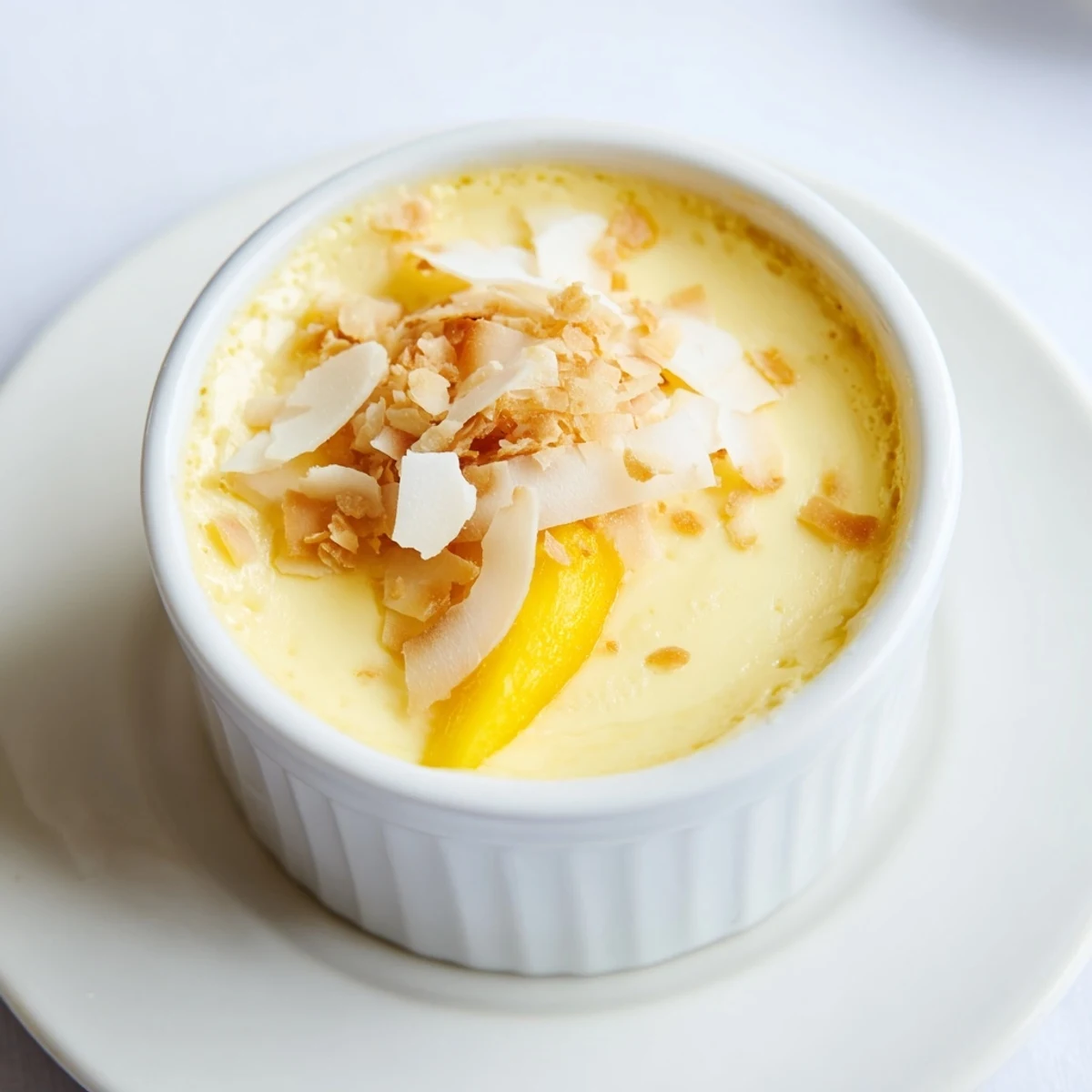 Silky Thai coconut custard steamed in ramekins with toasted shredded coconut topping