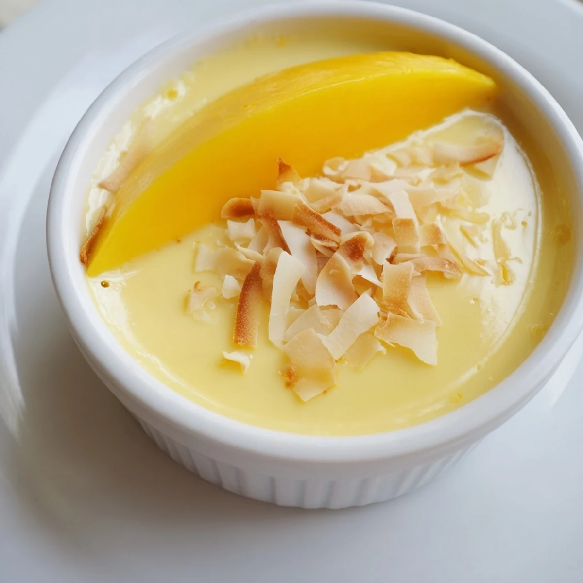 Creamy Thai coconut custard dessert chilled and garnished with fresh ripe mango slices