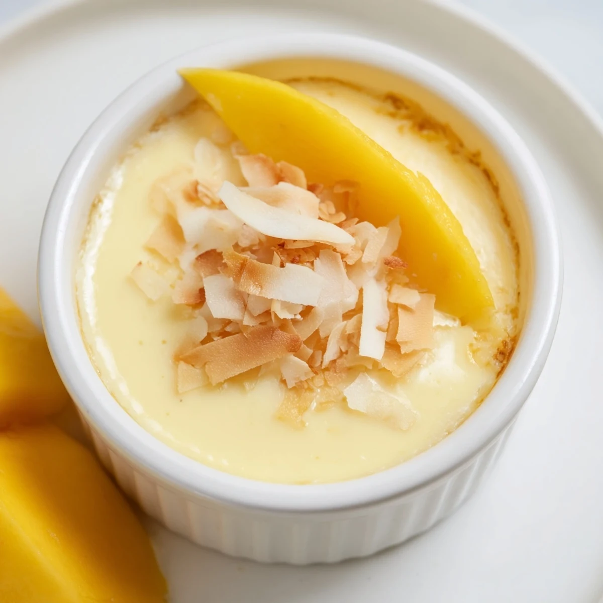 Golden Thai coconut custard in white cups served with lychee fruit and coconut flakes