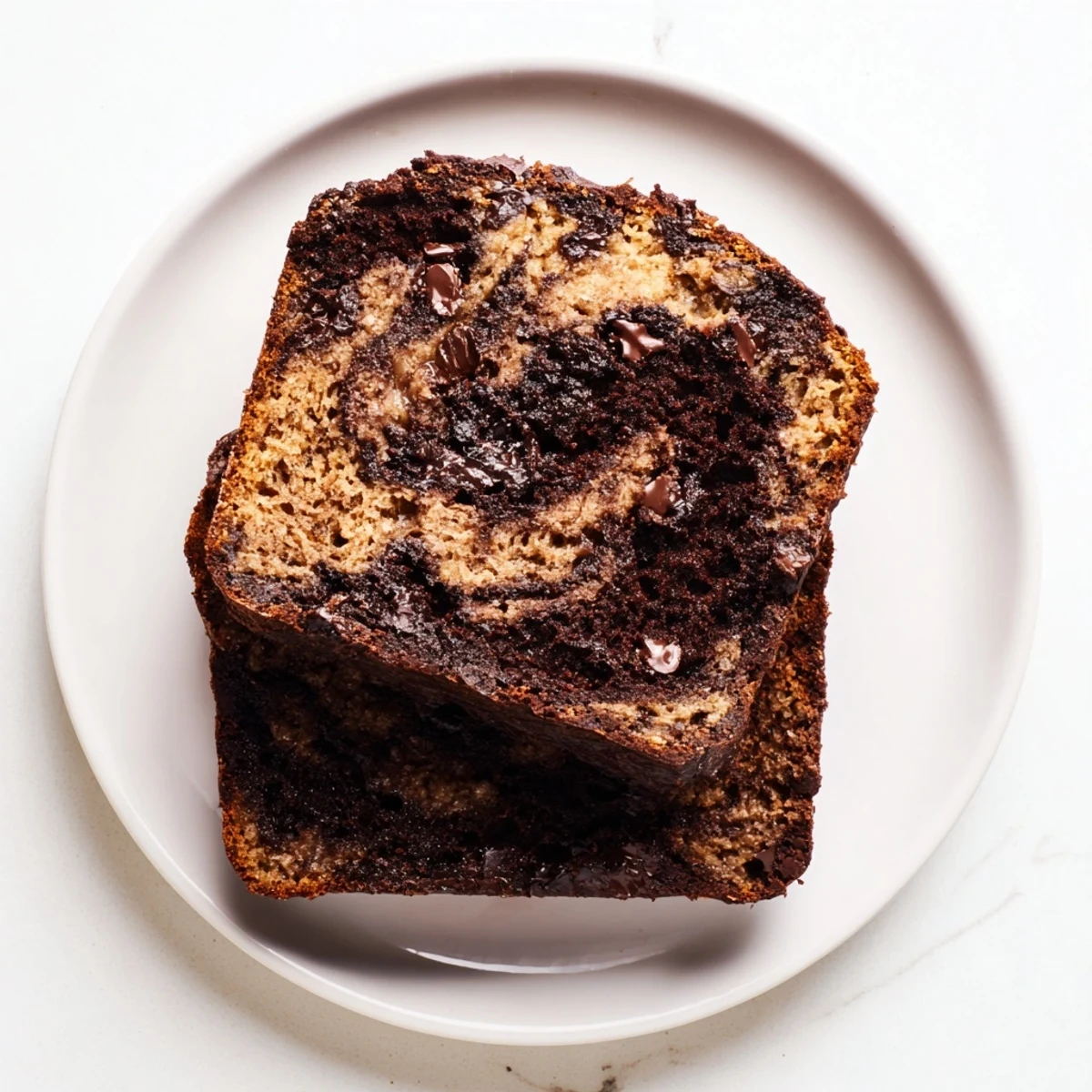 Sliced chocolate peanut butter banana bread showing moist interior with melted chocolate chips and swirled peanut butter topping
