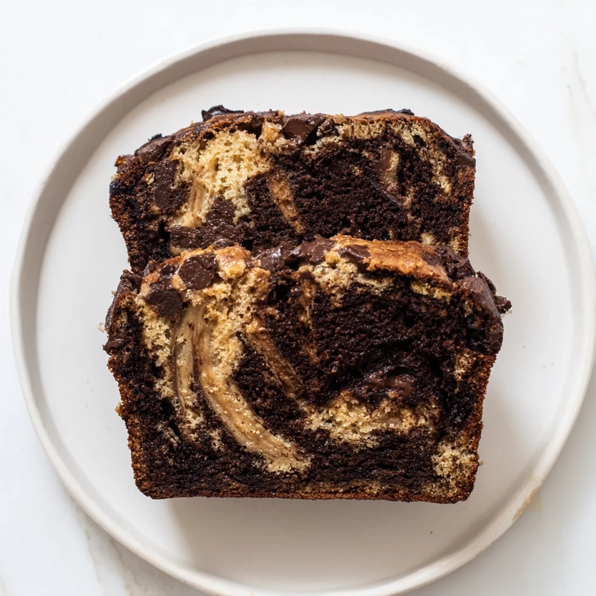 Thick slice of chocolate peanut butter banana bread on a plate featuring rich chocolate crumbs and creamy peanut butter ribbon