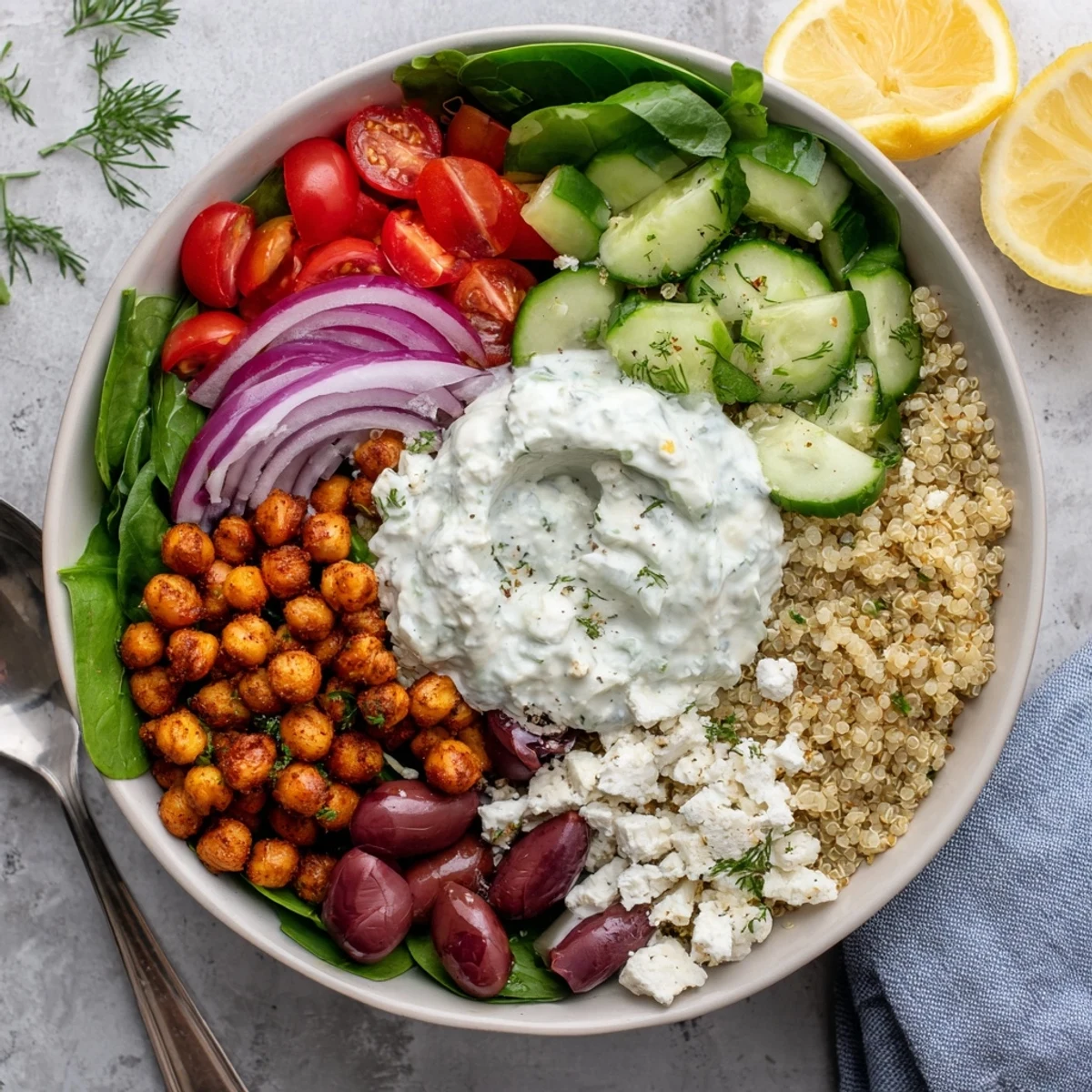 Vibrant Greek Power Bowl with quinoa, fresh vegetables, chickpeas, feta, and creamy tzatziki sauce