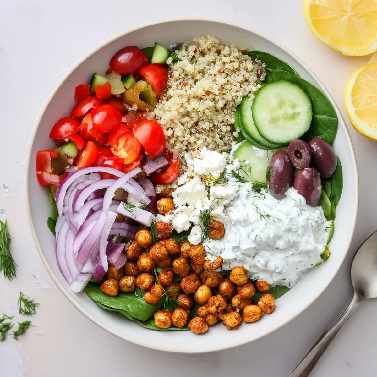Colorful vegetarian Greek Power Bowl featuring roasted chickpeas, crisp veggies, and tangy feta topping