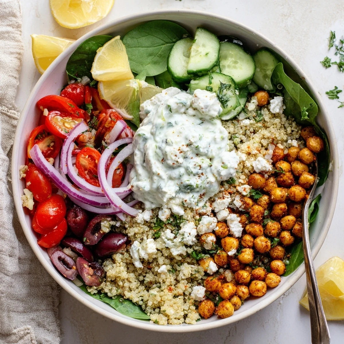 Healthy Greek Power Bowl arranged with fluffy quinoa, cherry tomatoes, cucumber, and homemade tzatziki