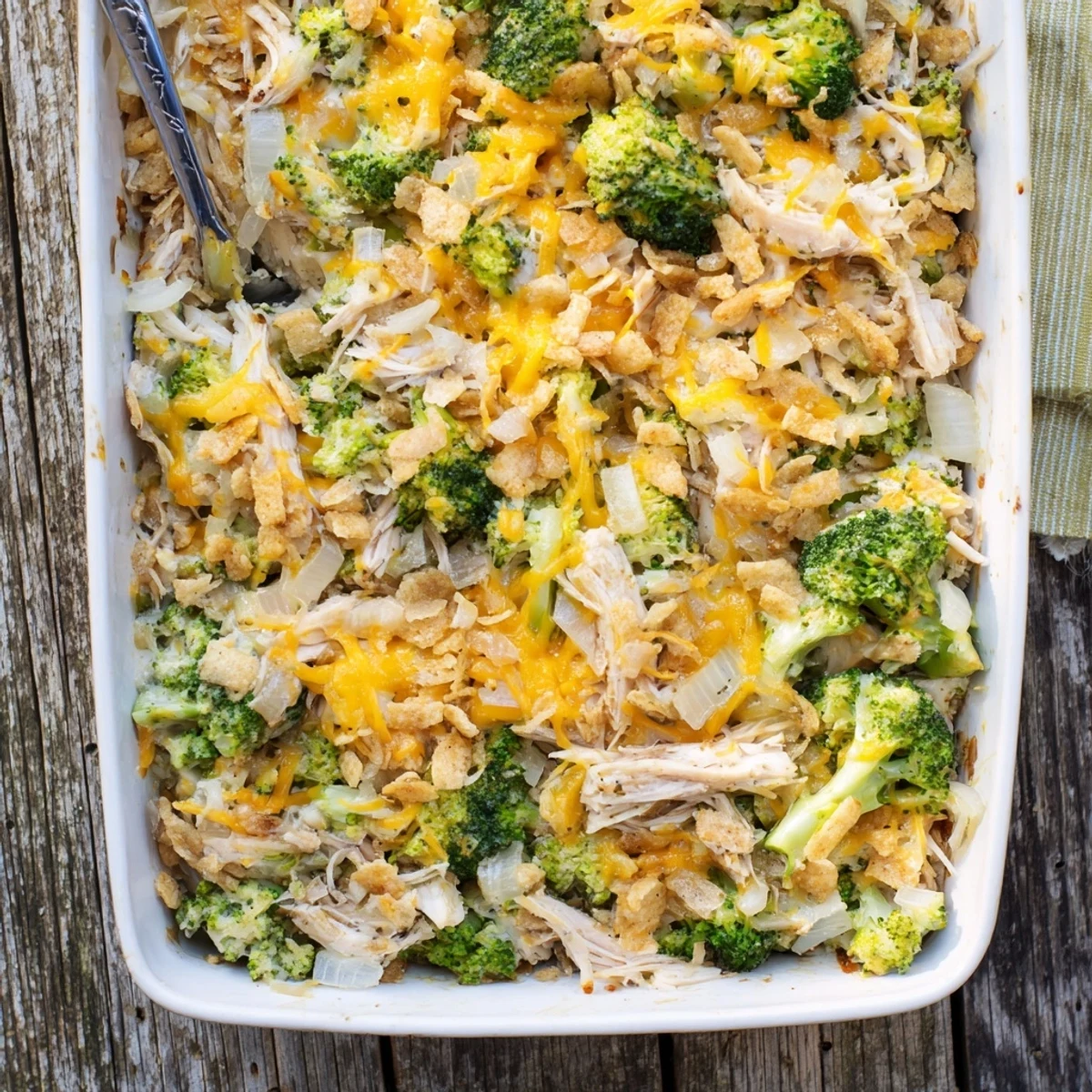 Golden chicken broccoli casserole with melted cheddar and crispy buttered panko topping in a baking dish