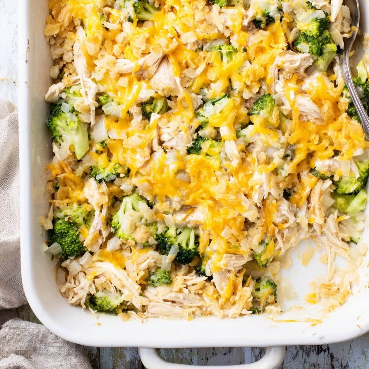 Spoonful of cheesy chicken broccoli casserole showing creamy sauce, broccoli pieces, and shredded chicken from the baked dish