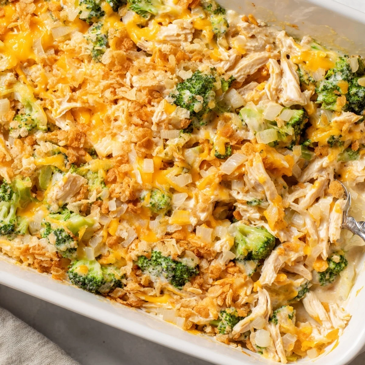 Creamy chicken broccoli casserole bubbling hot with tender broccoli florets and shredded cheese under golden breadcrumbs