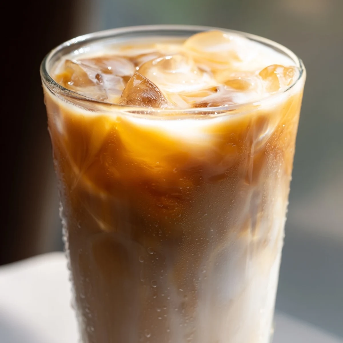 Tall glass of Okinawa milk tea filled with ice, showcasing swirls of creamy brown sugar liquid