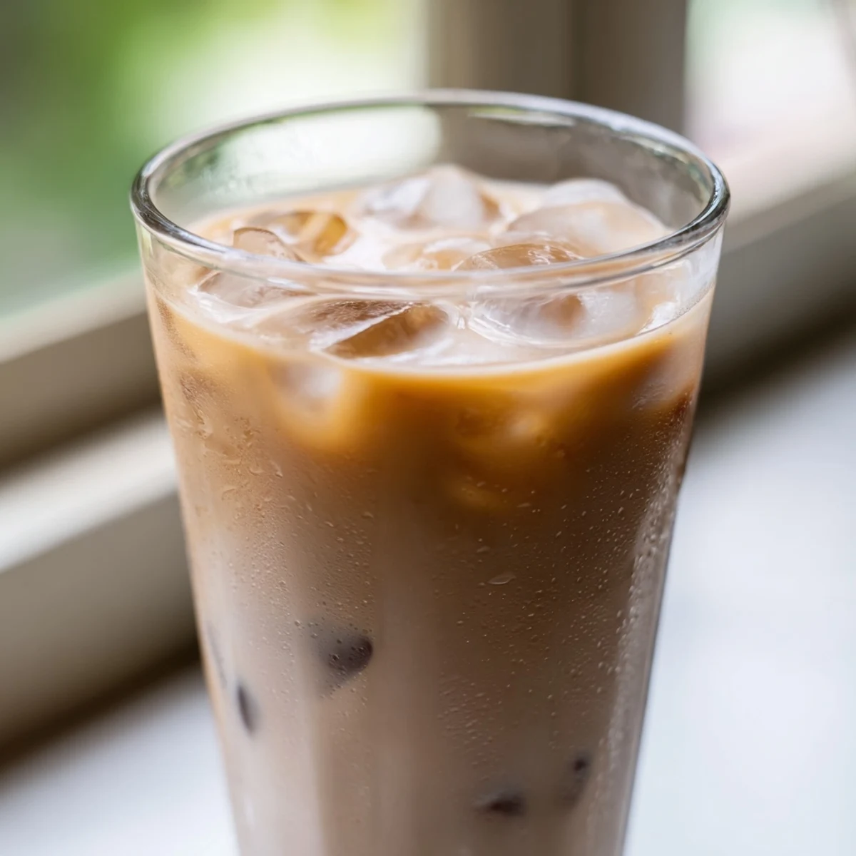 Creamy Okinawa milk tea with deep brown sugar hue poured over ice in a tall glass