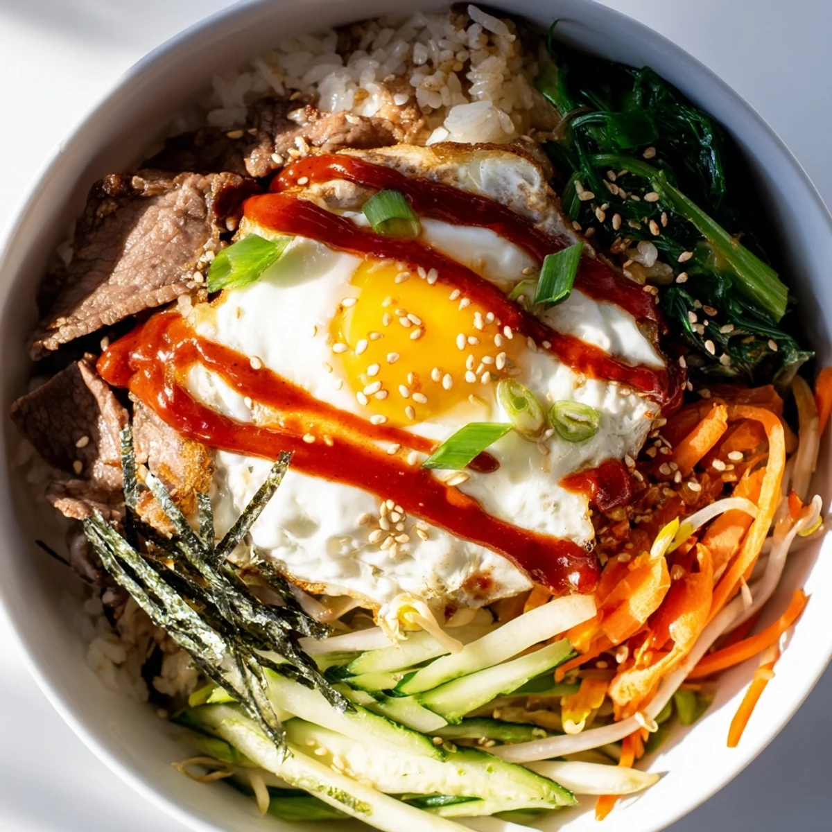 Vibrant Korean-inspired breakfast bowl featuring savory beef, colorful julienned carrots, cucumbers, and runny yolk arranged over steaming rice