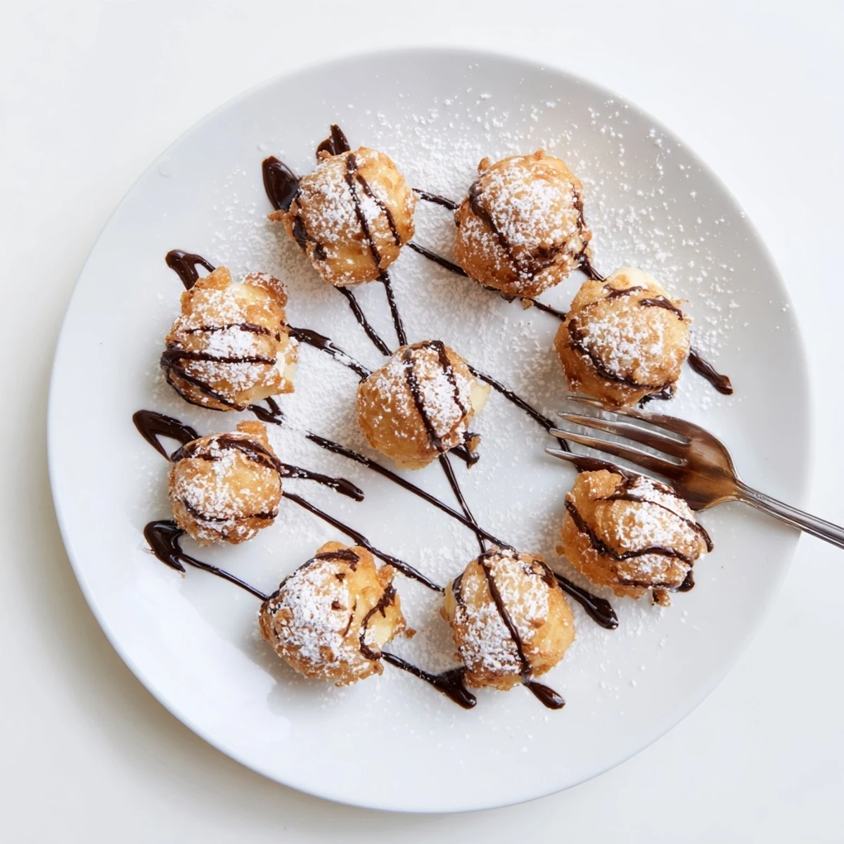 Warm deep fried marshmallows dusted with powdered sugar and drizzled with chocolate sauce