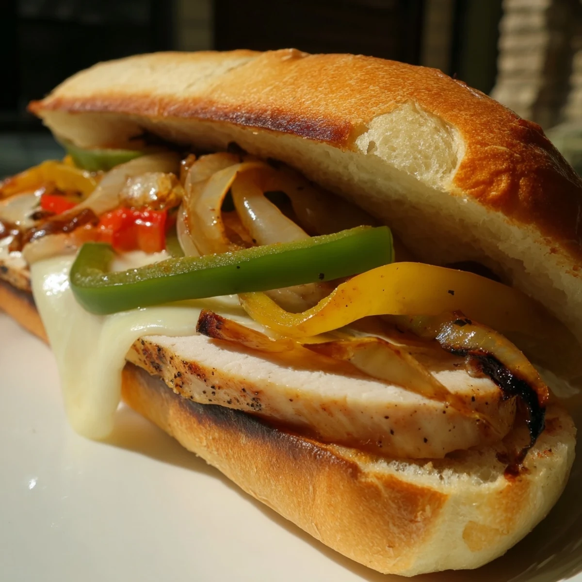 Golden toasted hoagie roll piled high with seasoned chicken, melted provolone, and colorful sautéed peppers and onions