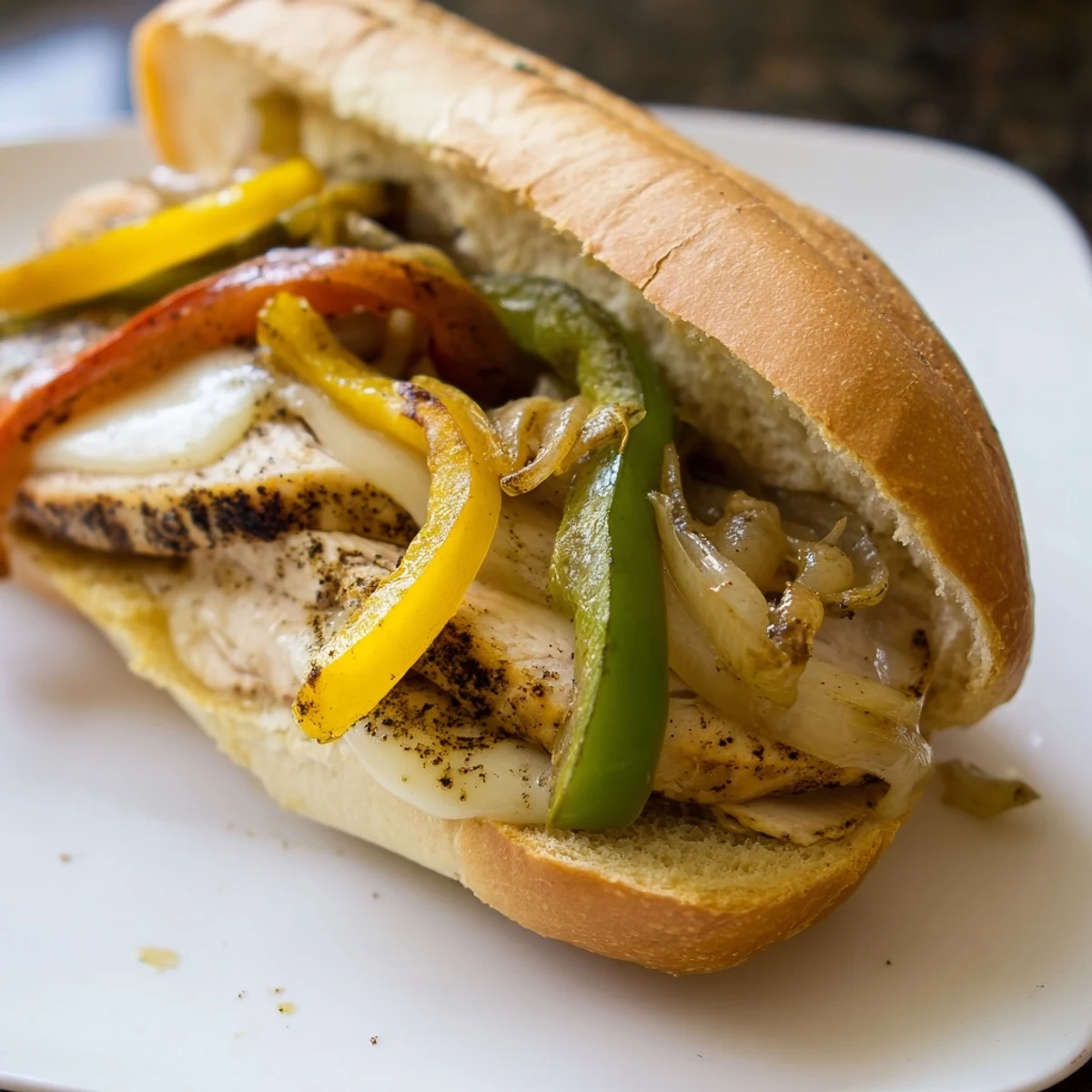 Ultimate chicken cheese steak sandwich featuring juicy spiced chicken, caramelized vegetables, and gooey cheese on a crispy buttered roll