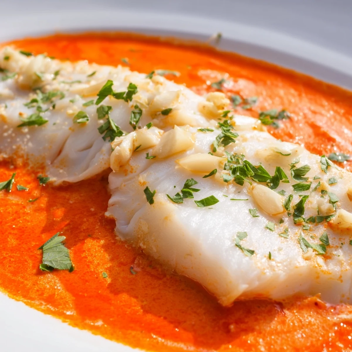 Flaky white cod simmers in Mediterranean red pepper sauce garnished with fresh parsley