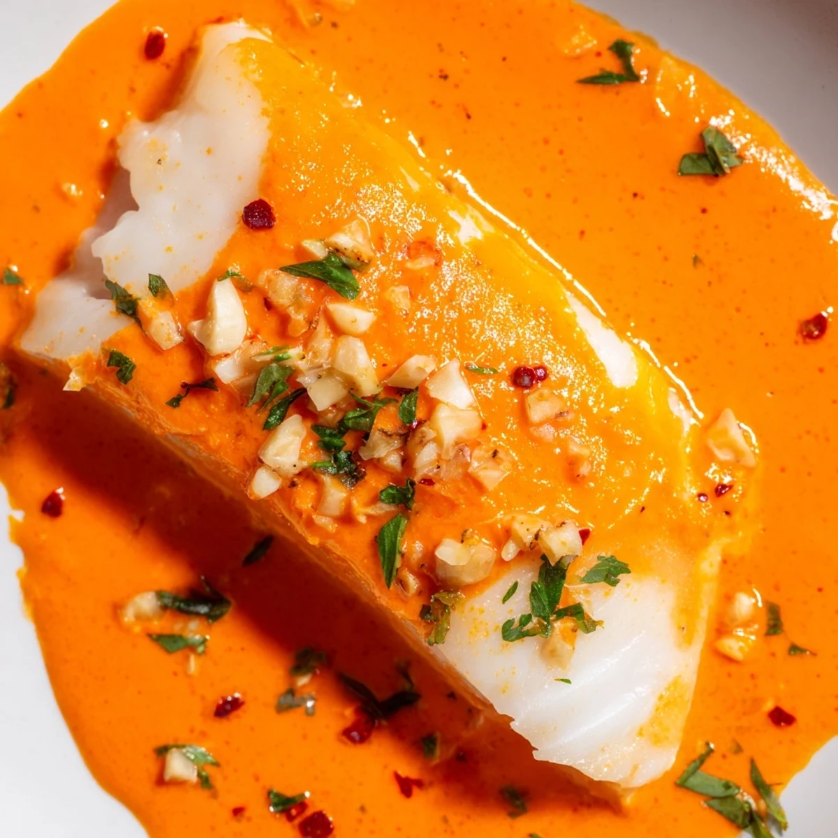 Tender roasted red pepper cod with creamy sauce served over steaming white rice