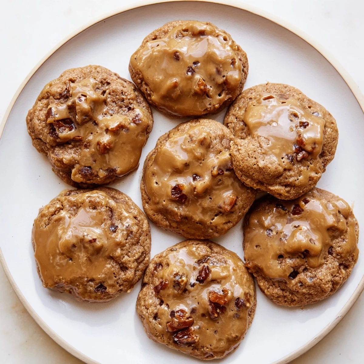 Soft golden brown sticky toffee pudding cookies drizzled with warm glossy toffee glaze on a white plate