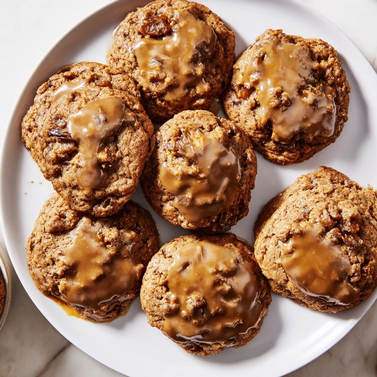 Chewy homemade sticky toffee pudding cookies featuring sweet dates and rich brown sugar toffee topping