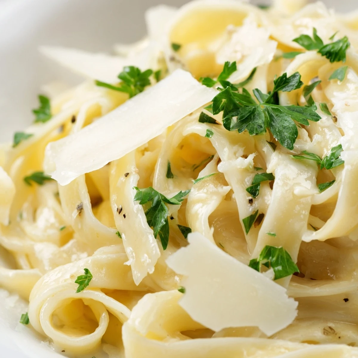 Creamy fettuccine Alfredo pasta tossed in rich Parmesan butter sauce with fresh parsley garnish