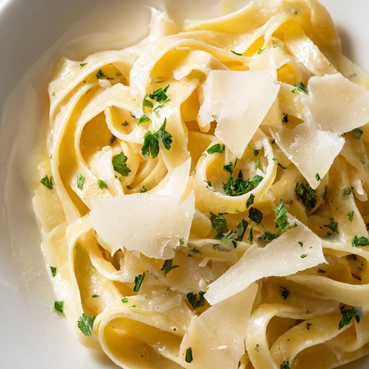 Luxurious white fettuccine Alfredo dish with silky sauce sprinkled with grated Parmesan and green herbs