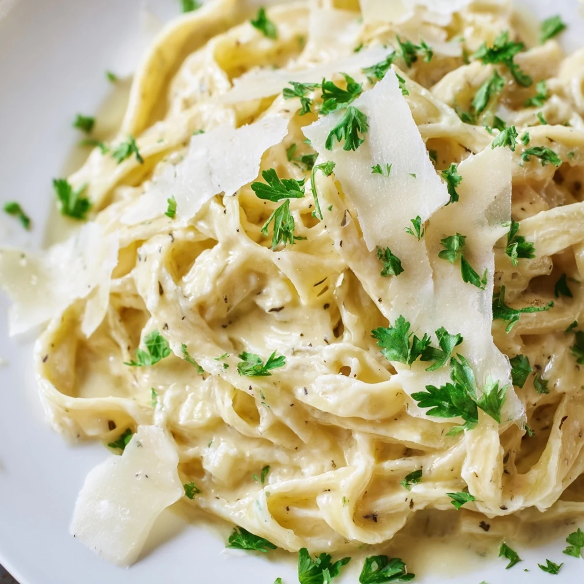 Classic Italian fettuccine Alfredo featuring ribbons of pasta coated in smooth white cheese sauce