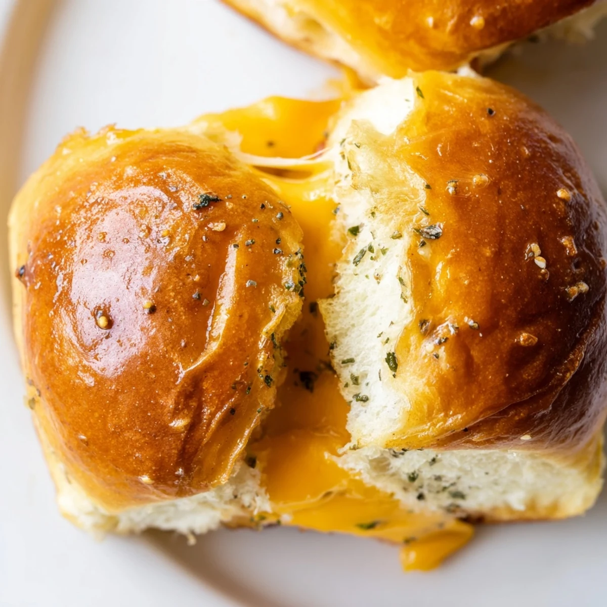 Golden brown mini grilled cheese Hawaiian rolls with gooey melted cheese on a wooden serving board